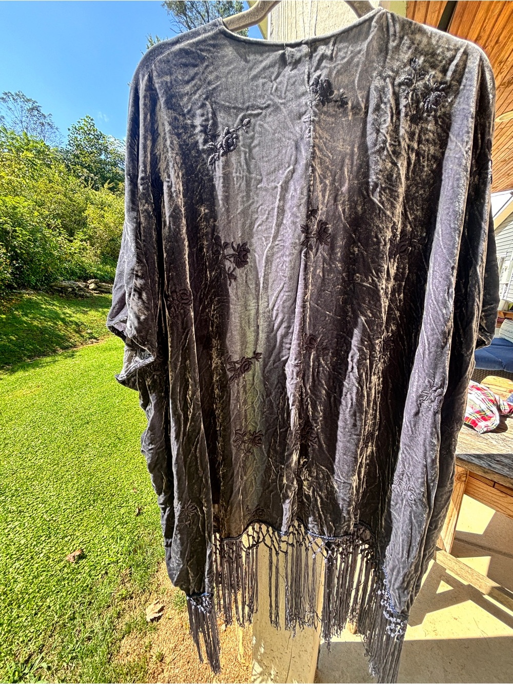 Johnny Was Blue Grey Velvet Fringe Kimono